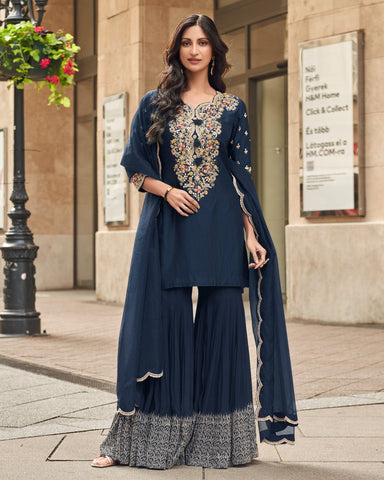 Blue Silk Thread Sequins Work Women Readymade Sharara Suit