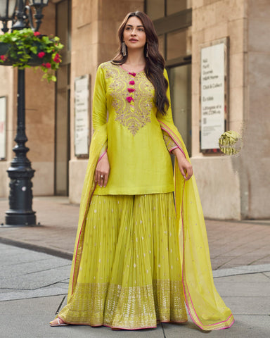 Parrot Green Silk Beads Zari Sequins Work Women Readymade Sharara Suit