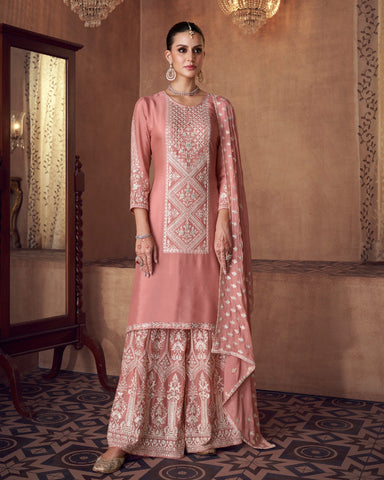 Pink Chinnon Silk Embroidered Palazzo Suit With Embroidered Dupatta