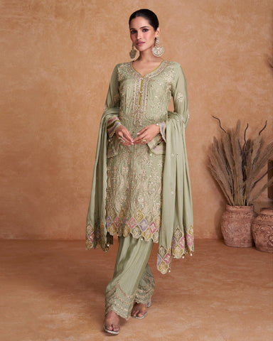 Light Green Chinnon Silk Embroidered Palazzo Suit With Embroidered Dupatta
