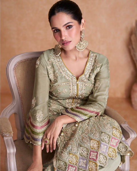 Light Green Chinnon Silk Embroidered Palazzo Suit With Embroidered Dupatta