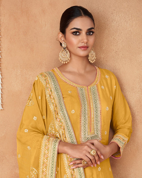 Yellow Chinnon Silk Embroidered Palazzo Suit With Embroidered Dupatta