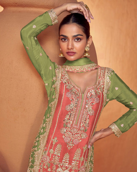 Green Red Chinnon Silk Mirror Work Palazzo Suit