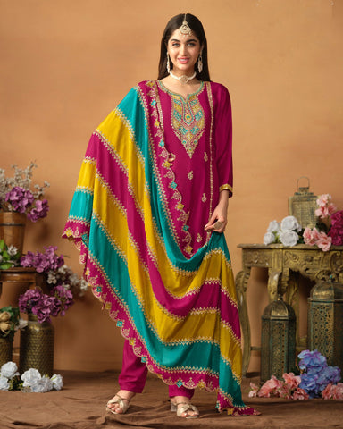 Pink Chinnon Silk Striaght Salwar Kameez With Heavy Work Dupatta