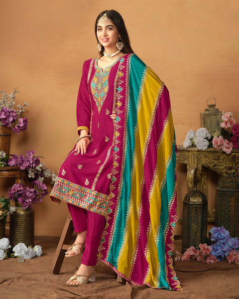 Pink Chinnon Silk Striaght Salwar Kameez With Heavy Work Dupatta