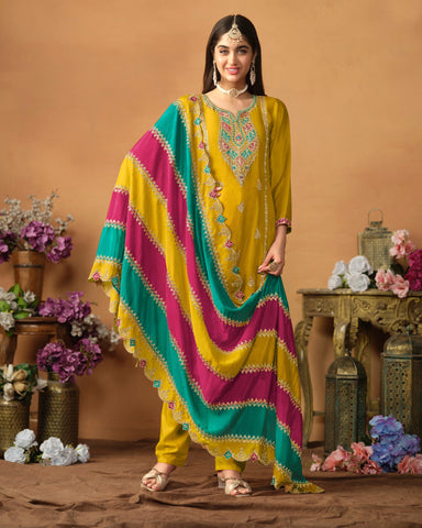 Yellow Chinnon Silk Striaght Salwar Kameez With Heavy Work Dupatta