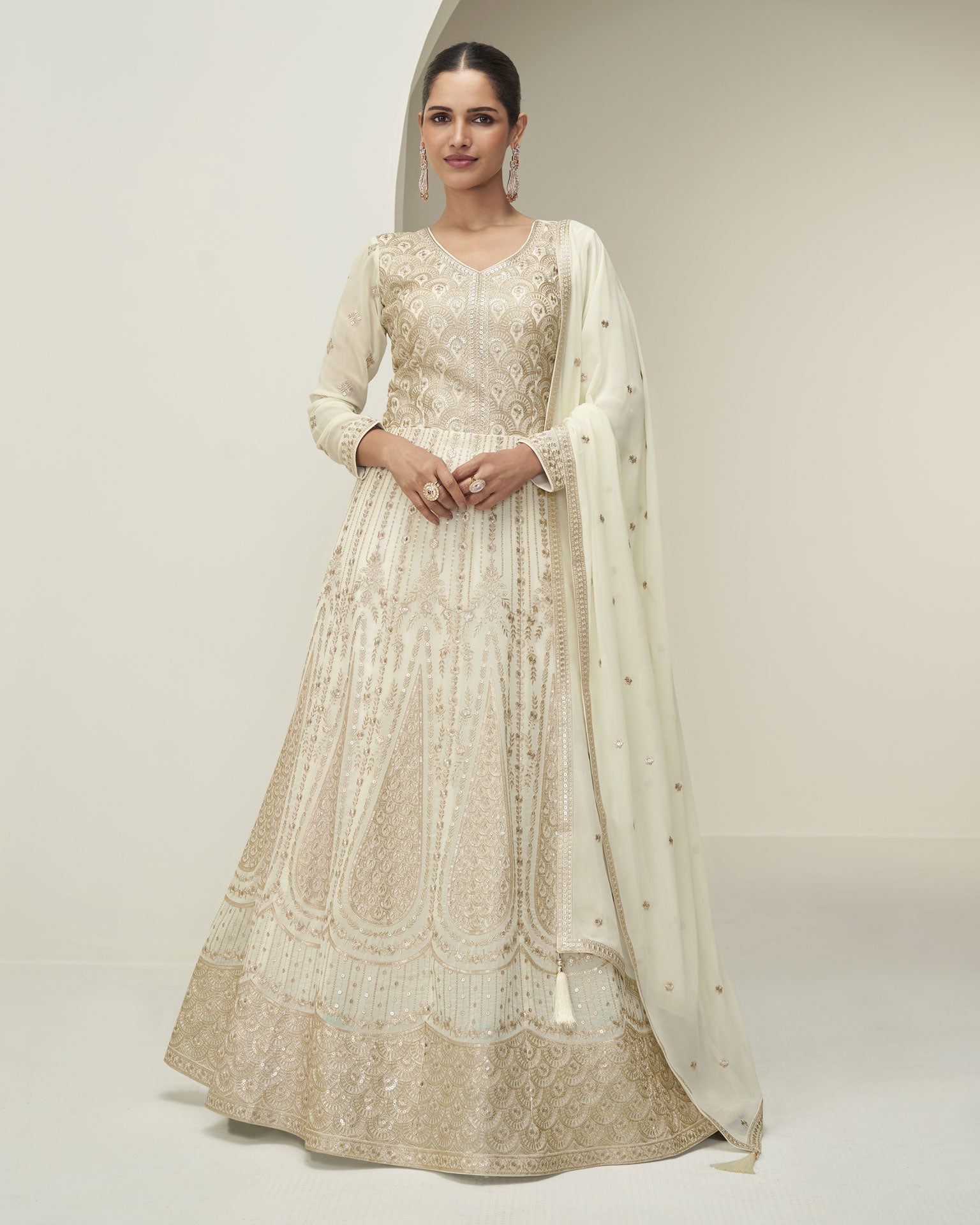 Off White Pure Georgette Women Readymade Anarkali Gown With Dupatta