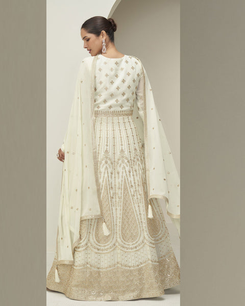 Off White Pure Georgette Women Readymade Anarkali Gown With Dupatta