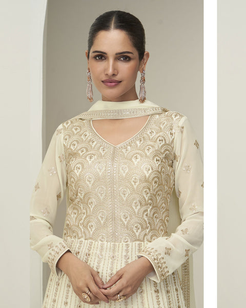 Off White Pure Georgette Women Readymade Anarkali Gown With Dupatta