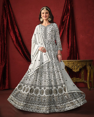White Faux Georgette Thread Work Floor Length Anarkali Suit With Dupatta
