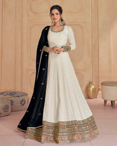 White Floor Length Pure Georgette Women Readymade Anarkali Gown With Black Embroidered Dupatta