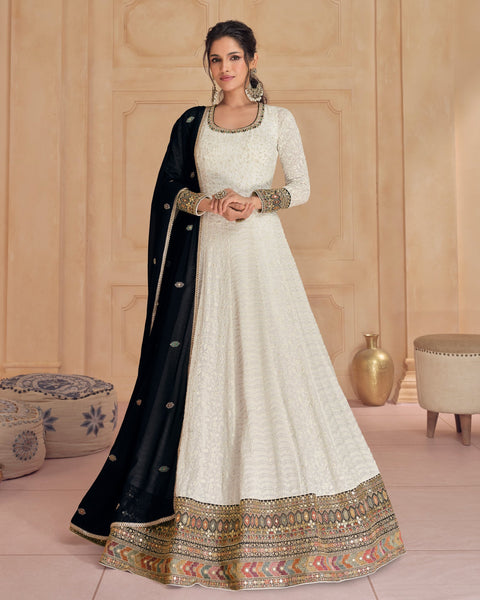 White Floor Length Pure Georgette Women Readymade Anarkali Gown With Black Embroidered Dupatta