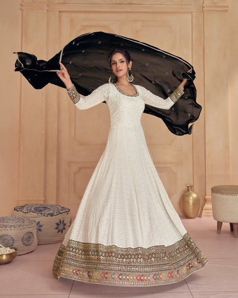 White Floor Length Pure Georgette Women Readymade Anarkali Gown With Black Embroidered Dupatta