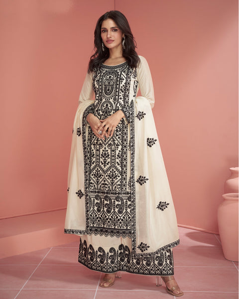 White Silk Thread Work Palazzo Suit With Embroidered White Dupatta