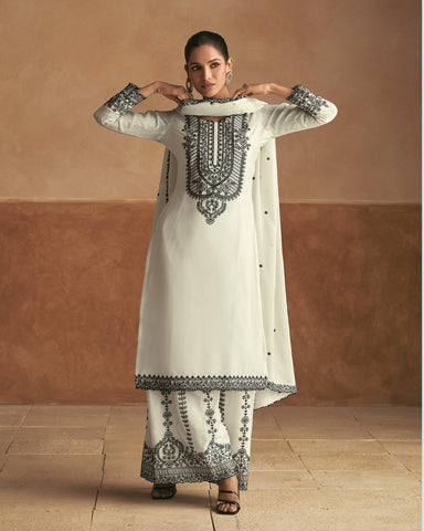 White Women Readymade Chinnon Silk Thread Work Palazzo Suit With Chinnon Dupatta