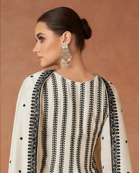 White Silk Thread Work Frock Suit With Embroidered White Palazzo