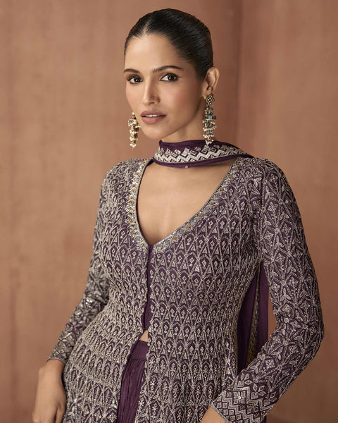 Wine Readymade A-Line Palazzo Suit For Woman In Chinnon Silk