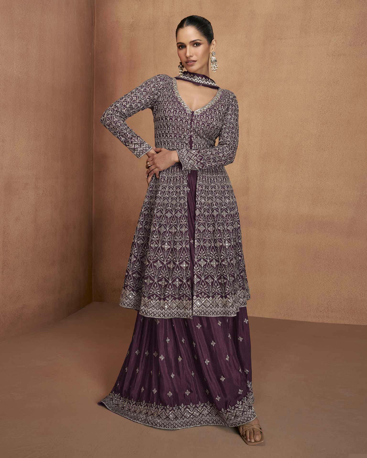 Wine Readymade A-Line Palazzo Suit For Woman In Chinnon Silk