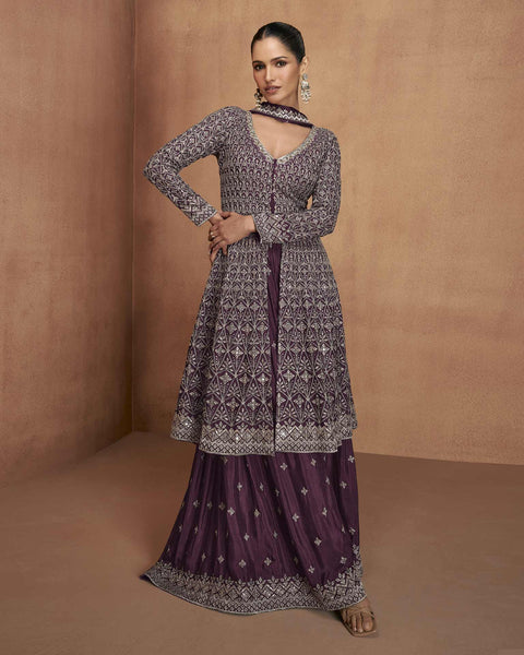 Wine Readymade A-Line Palazzo Suit For Woman In Chinnon Silk