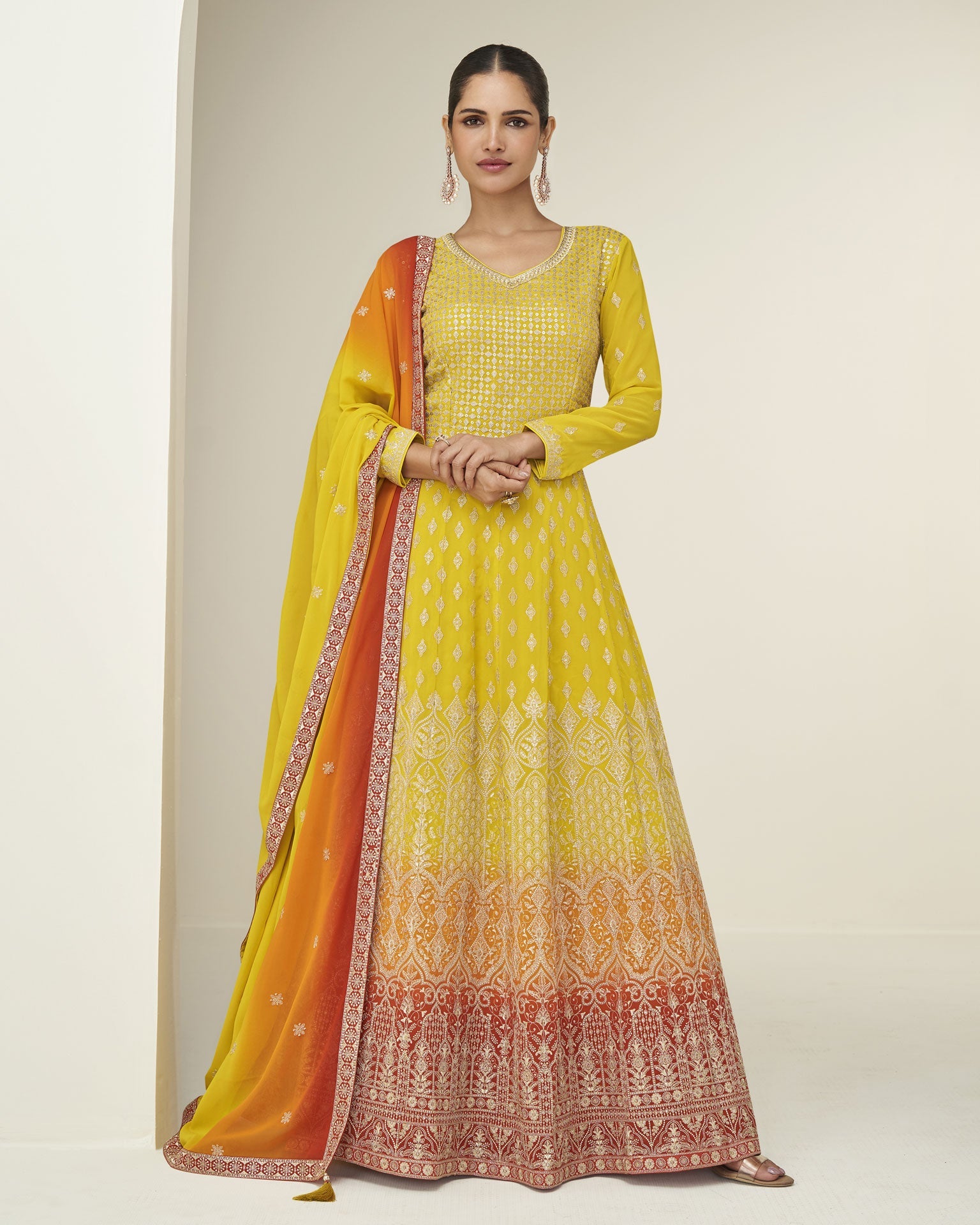 Yellow Pure Georgette Women Readymade Anarkali Gown With Dupatta