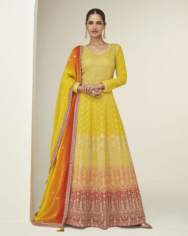 Yellow Pure Georgette Women Readymade Anarkali Gown With Dupatta