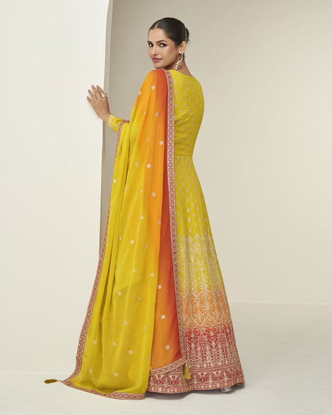 Yellow Pure Georgette Women Readymade Anarkali Gown With Dupatta
