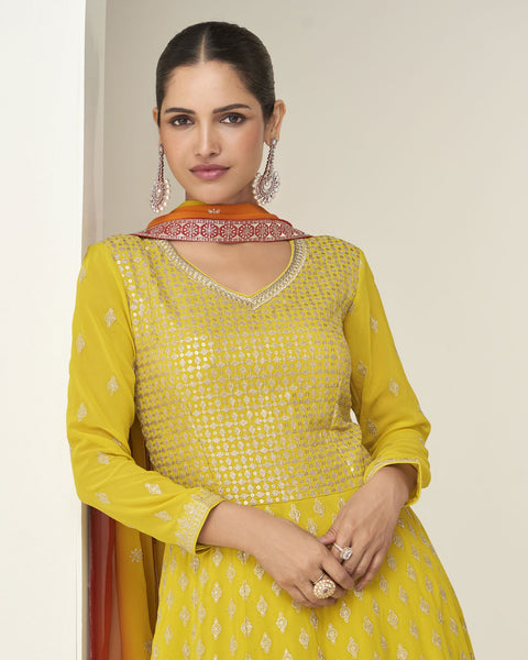 Yellow Pure Georgette Women Readymade Anarkali Gown With Dupatta