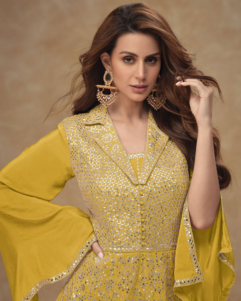 Yellow Readymade CO-Ord Palazzo Suit For Woman In Chinnon Silk