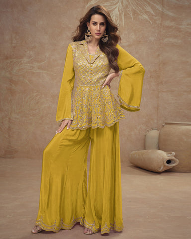 Yellow Readymade CO-Ord Palazzo Suit For Woman In Chinnon Silk