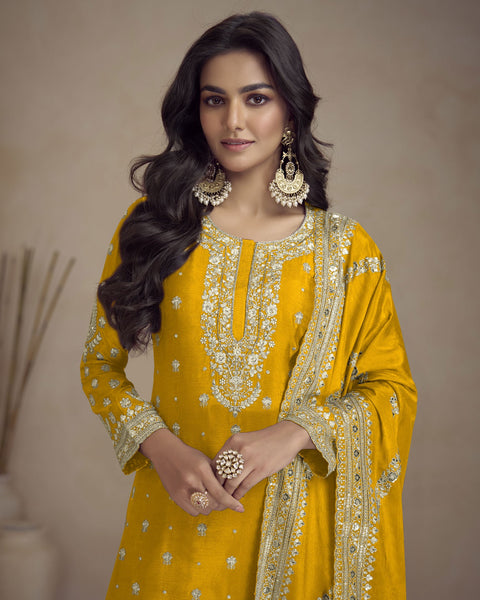 Yellow Chinnon Silk Readymade Woman Palazzo Suit With Embroidered Dupatta