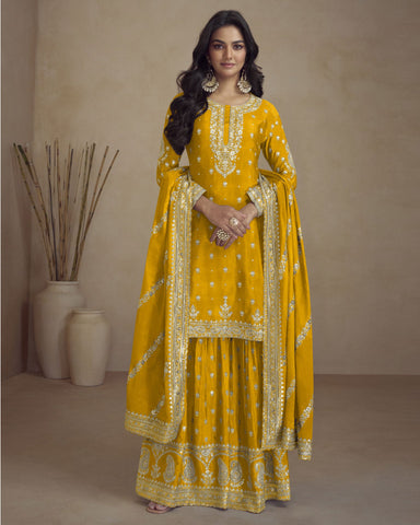 Yellow Chinnon Silk Readymade Woman Palazzo Suit With Embroidered Dupatta