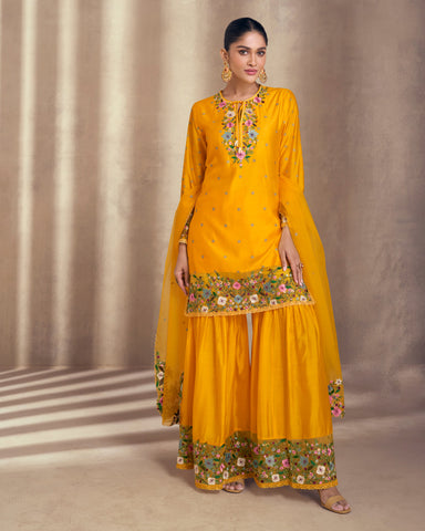 Yellow Women Silk Thread Work Embroidered Readymade Sharara Suit With Embroidered Dupatta