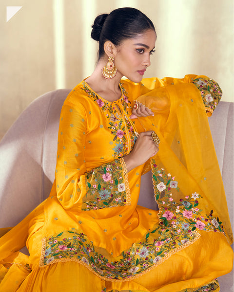 Yellow Women Silk Thread Work Embroidered Readymade Sharara Suit With Embroidered Dupatta