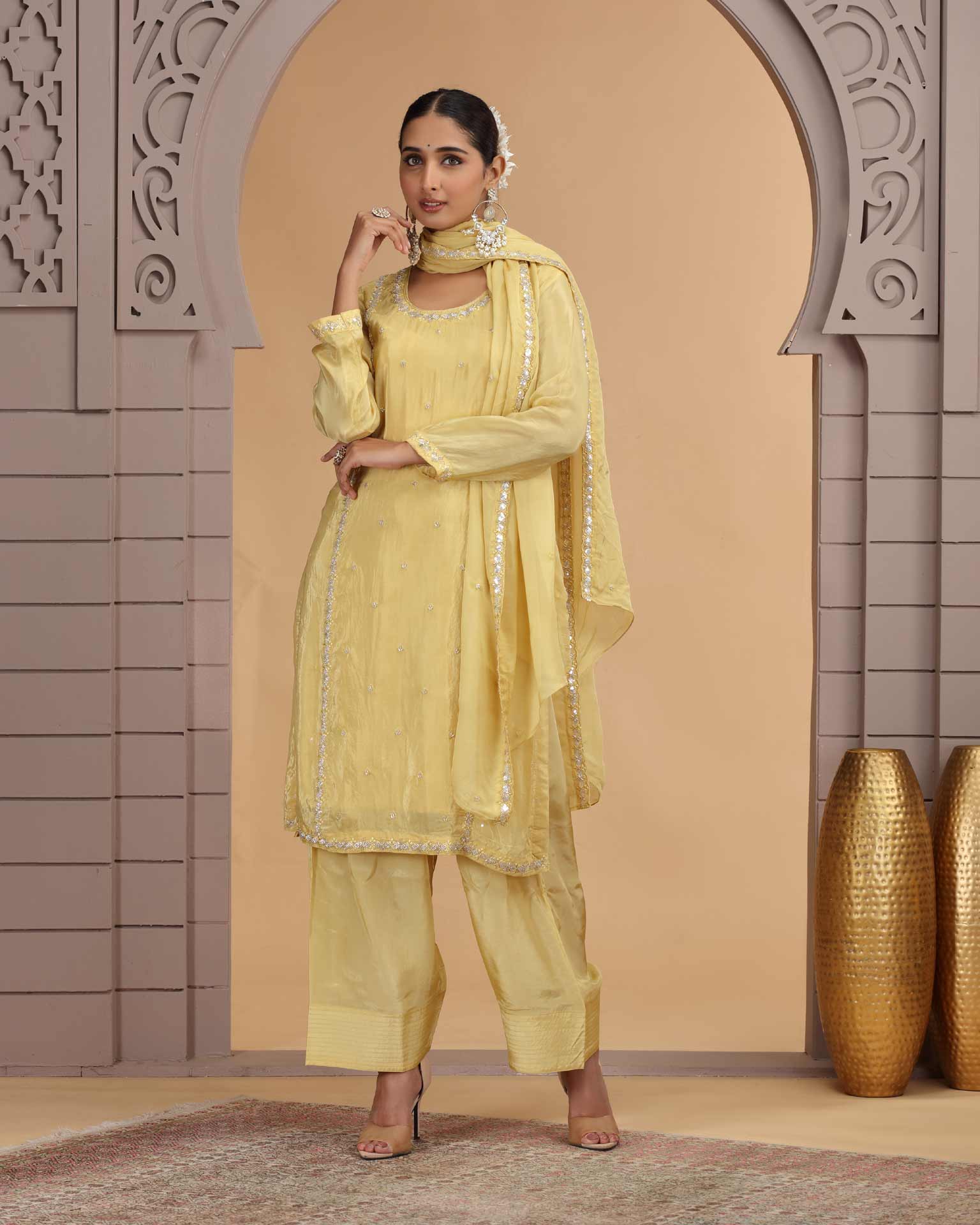 Light Yellow Satin Silk Readymade Salwar Suit For Woman With Farsi Pant