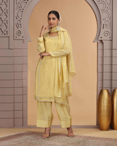 Light Yellow Satin Silk Readymade Salwar Suit For Woman With Farsi Pant