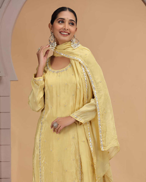 Light Yellow Satin Silk Readymade Salwar Suit For Woman With Farsi Pant