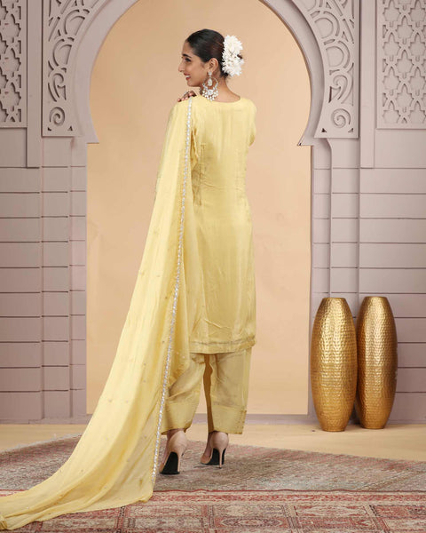 Light Yellow Satin Silk Readymade Salwar Suit For Woman With Farsi Pant
