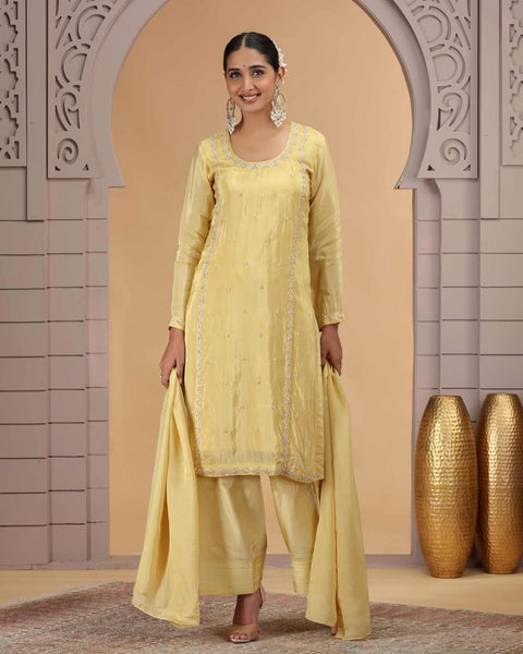 Light Yellow Satin Silk Readymade Salwar Suit For Woman With Farsi Pant