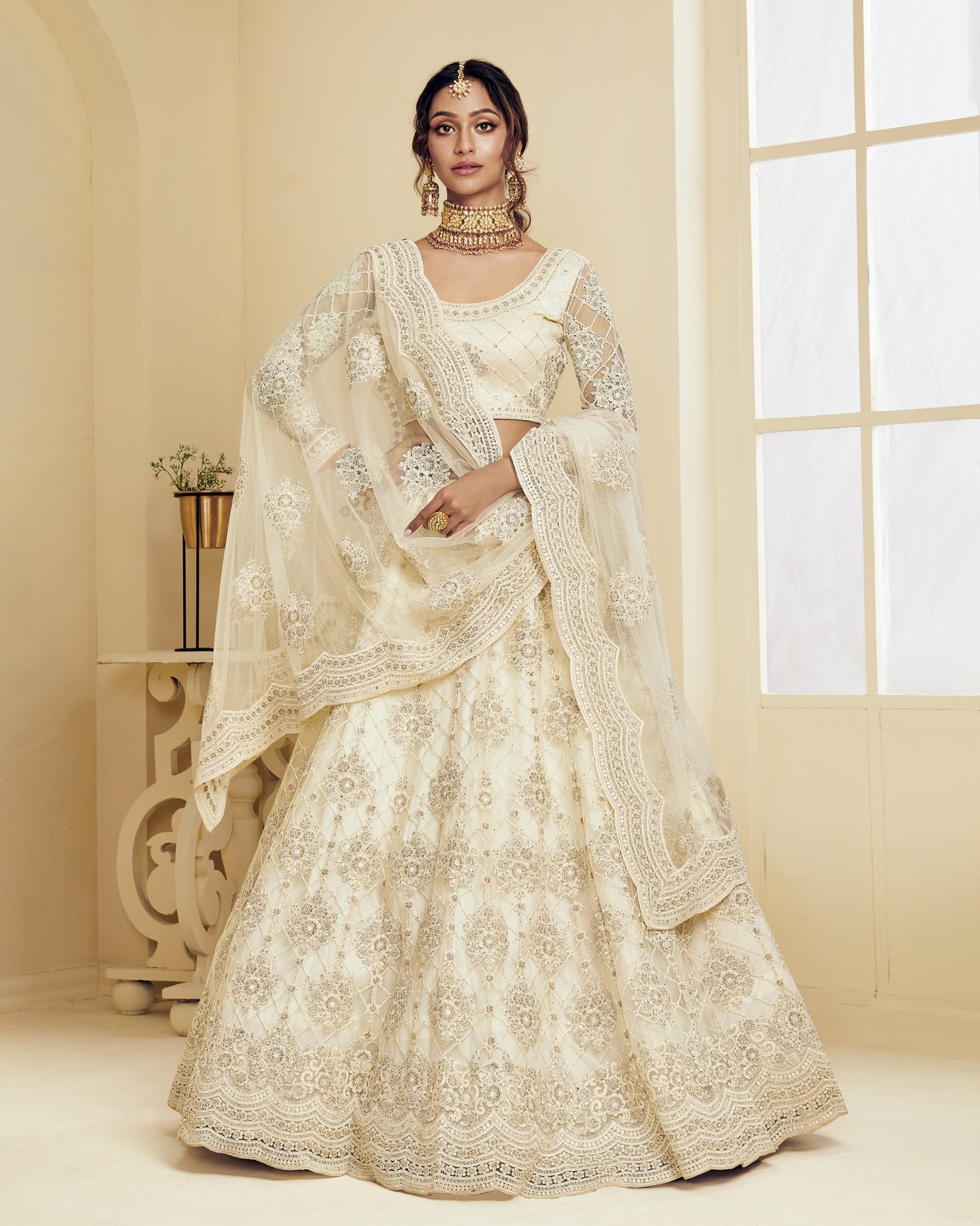 Off White Color Wedding Lehenga Choli In Net Fabric
