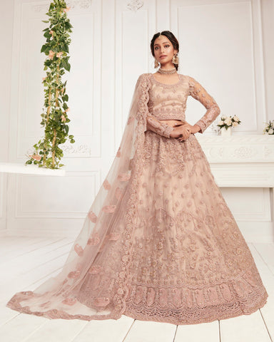 Salmon Pink Net Wedding Lehenga Choli