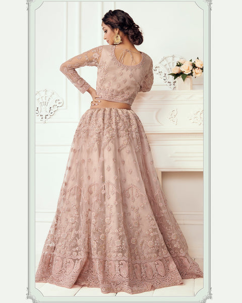 Salmon Pink Net Wedding Lehenga Choli