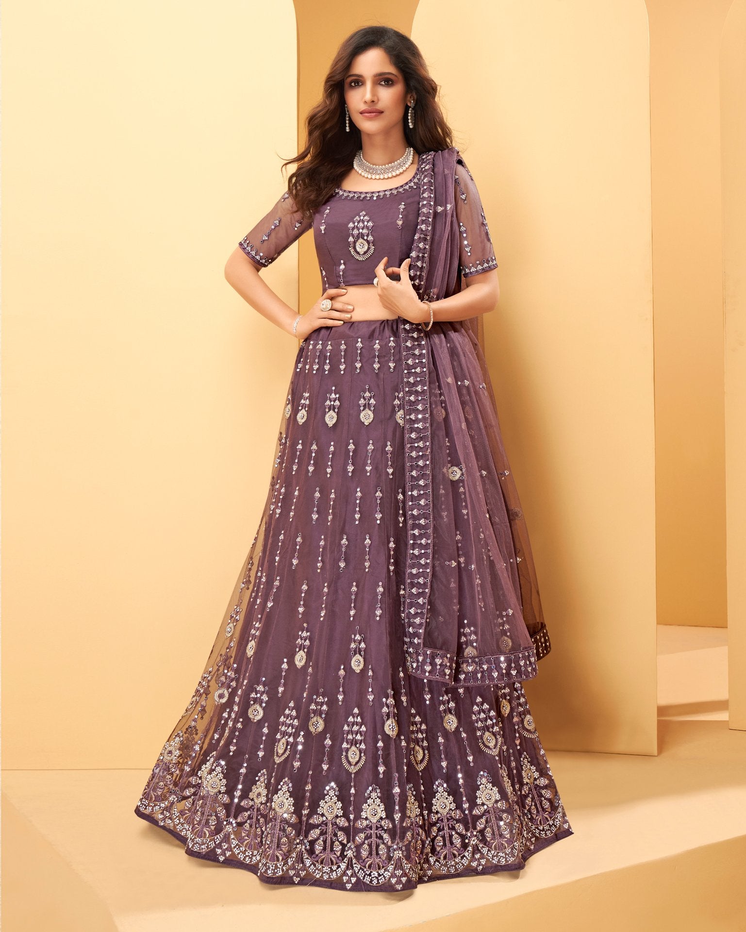 Buy Odette Purple Faux Georgette Semi Stitched Lehenga With Unstitched  Blouse (Set of 3) online