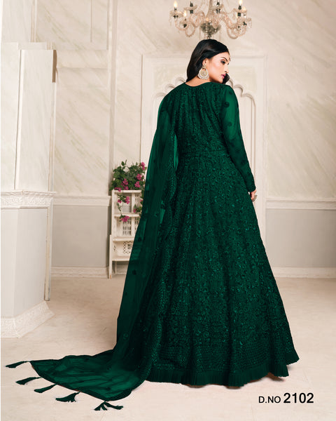 Bottle Green Embroidered Net Floor Length Anarkali Suit