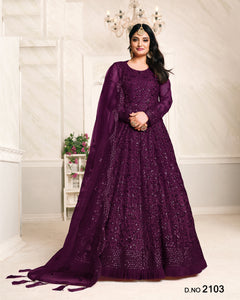 Dark Purple Embroidered Net Floor Length Anarkali Suit