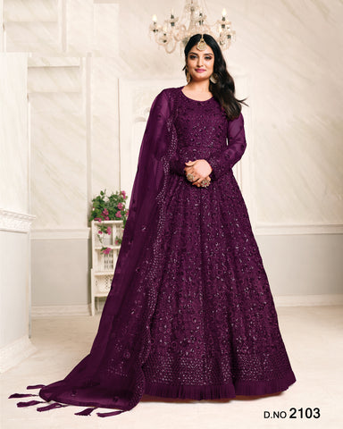 Dark Purple Embroidered Net Floor Length Anarkali Suit