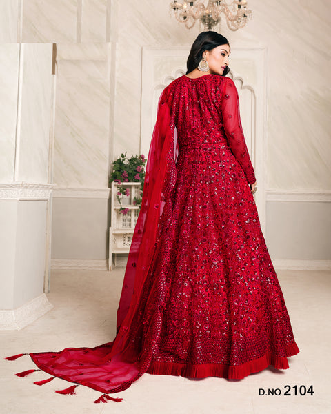 Red Embroidered Net Floor Length Anarkali Suit