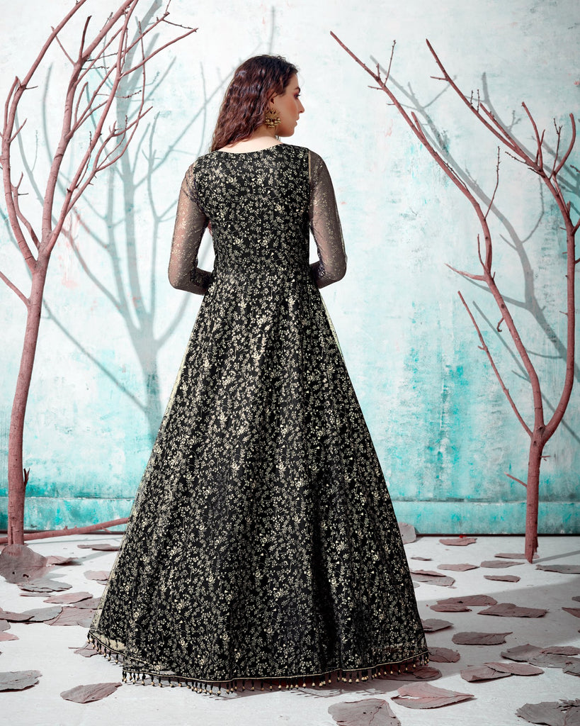 Nehamta Women's Rayon Black Traditional/Foil Print Anarkali Gown