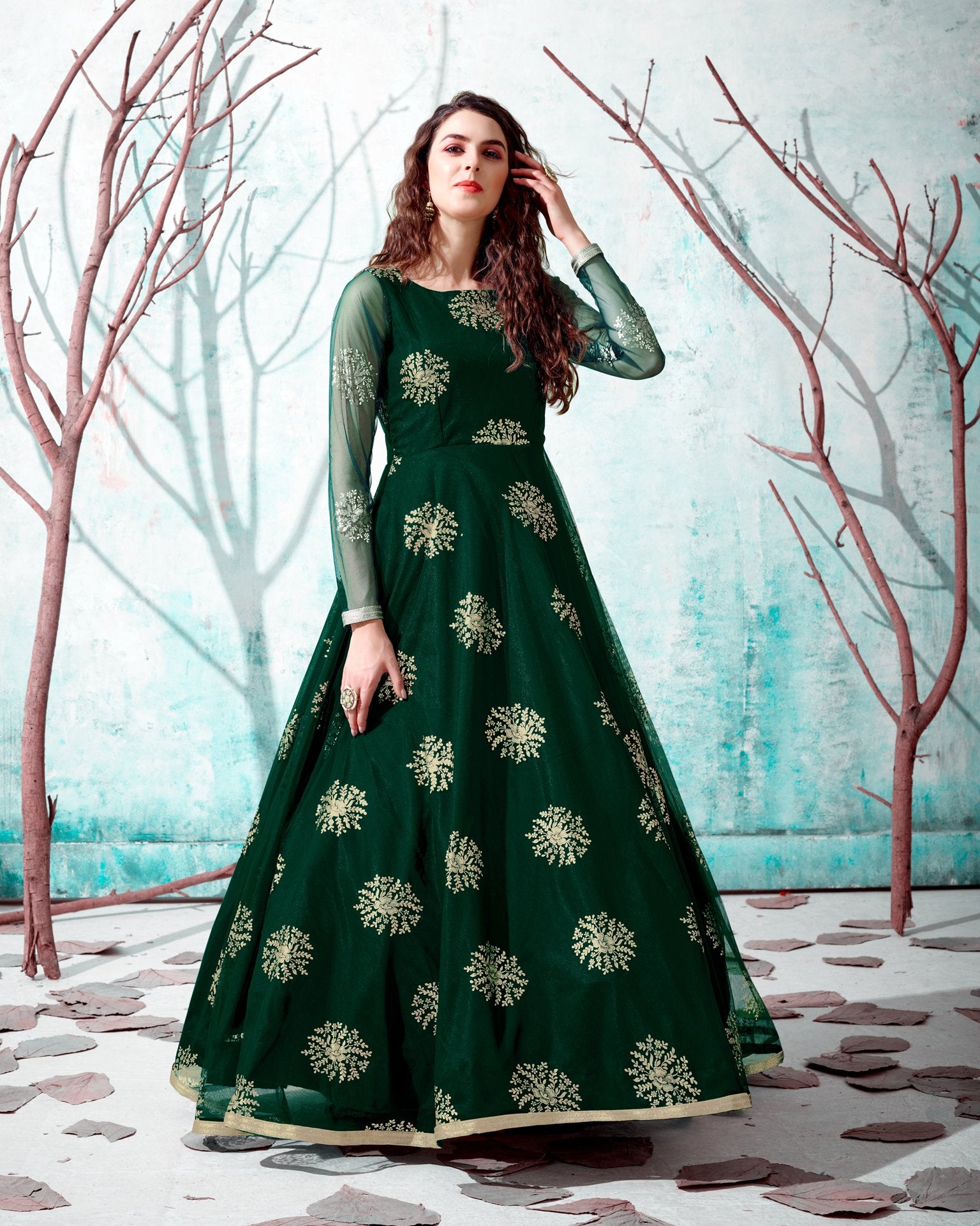 Green Net Anarkali Gown