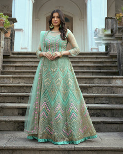 Sea Green Wedding Wear Anarkali Frock Suit With Net Dupatta