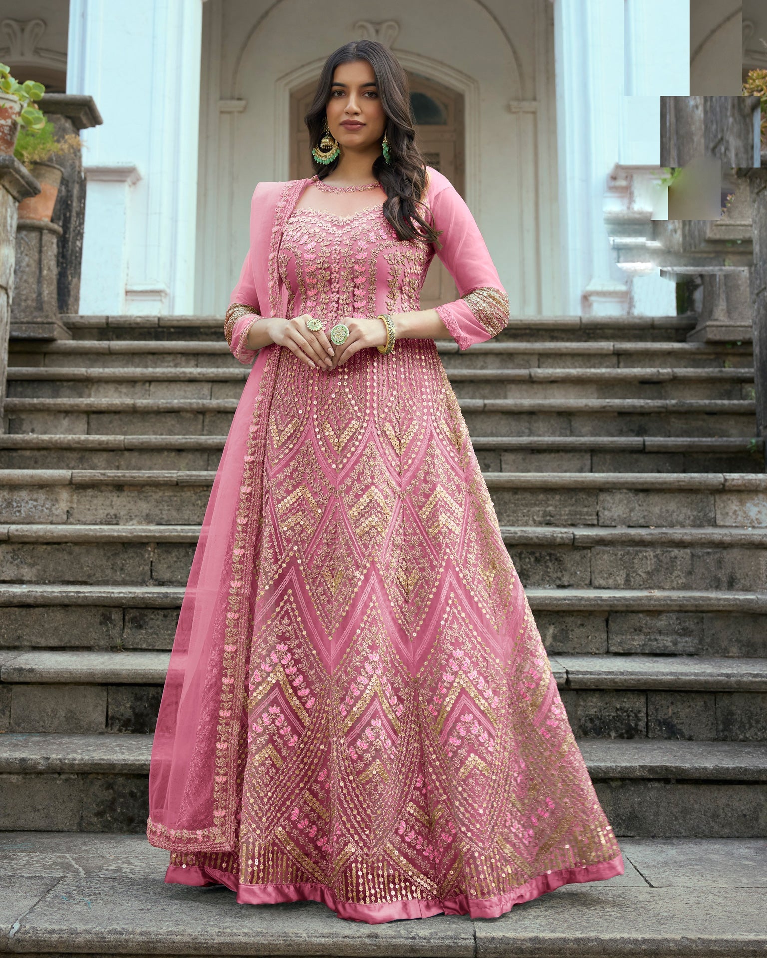 Pink Wedding Wear Anarkali Frock Suit With Net Dupatta